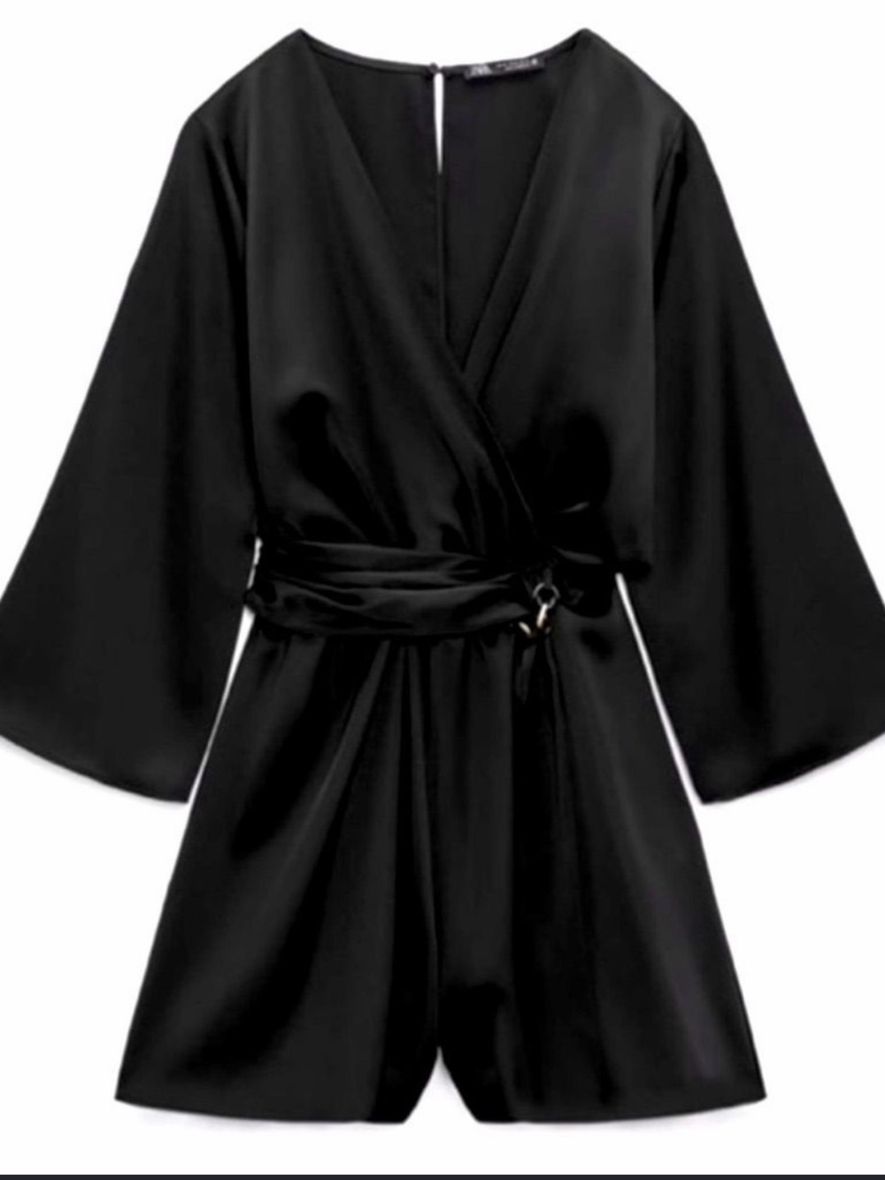 Zara Black Satin Wrap Romper with Kimono Sleeves